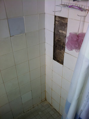 A client's bathroom before we fixed their leaking shower